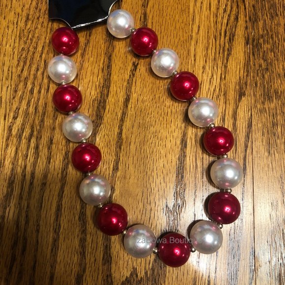 Deep Red & Pearl White Chunky Bead Necklace  HAND CRAFTED - Picture 1 of 1